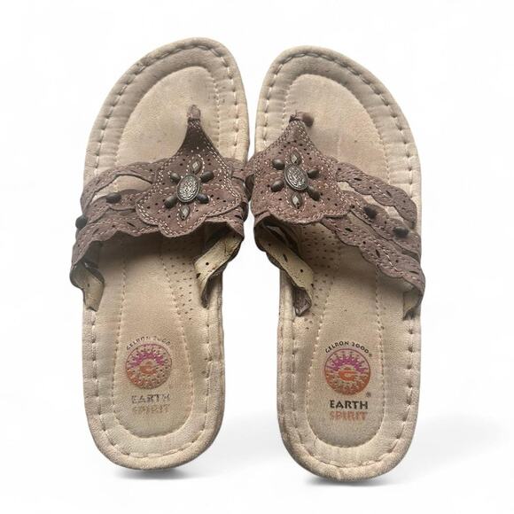 Brown leather sandals flower Pattern Earth Origins size 8 EUC - Picture 1 of 3